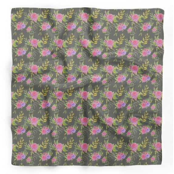 Bimba Gray Leaves & Rose Floral Pure Silk Printed Scarf Dupatta Head Neck Wrap Bandanas For Women 40 x 80 Inches