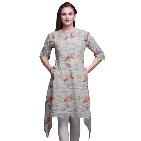 Bimba Gray Oak Leaves & Floral Women Kurtas Ethnic Printed Asymmetric Summer Wear Tops For Women Large