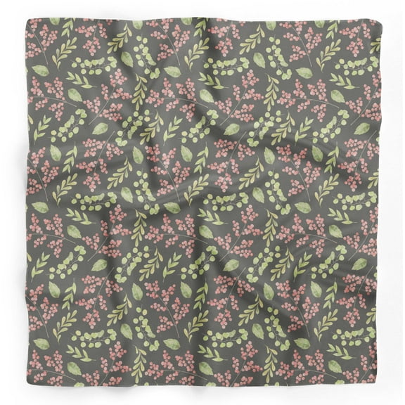Bimba Gray Red Berries & Leaves Pure Silk Printed Scarf Dupatta Head Neck Wrap Bandanas For Women 40 x 40 Inches