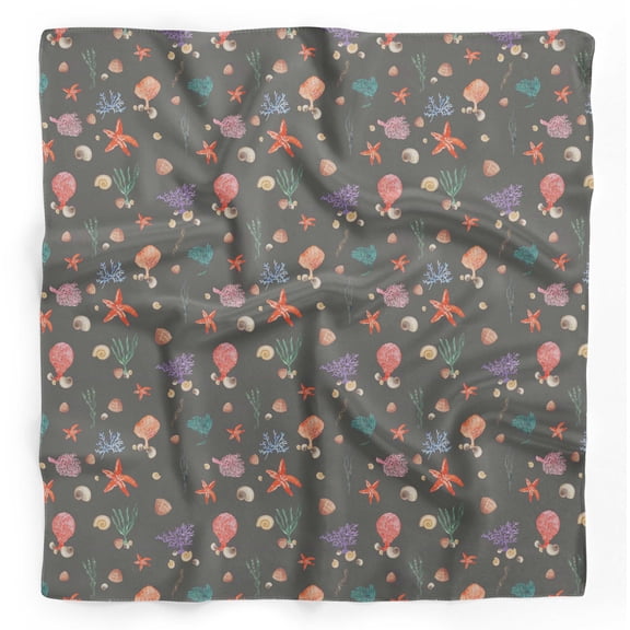 Bimba Gray Shell & Starfish Ocean Printed Pure Silk Scarf Neck Wrap Summer Hair Bandanas For Women 40 x 40 Inches