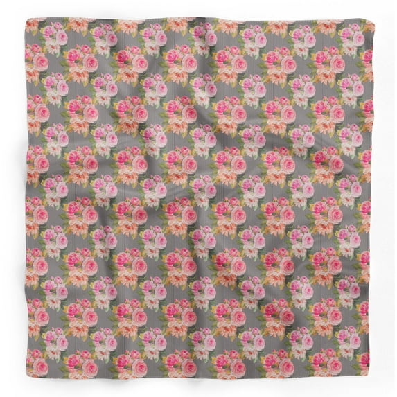 Bimba Gray Stripe & Ranunculus Floral Pure Silk Printed Head Bandanas Summer Neck Wrap Scarf 40 x 40 Inches