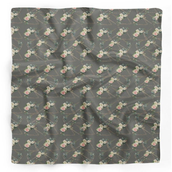 Bimba Gray Triangle & Rose Floral Printed Pure Silk Scarf For Hair Neck Head Bandanas For Women 40 x 80 Inches