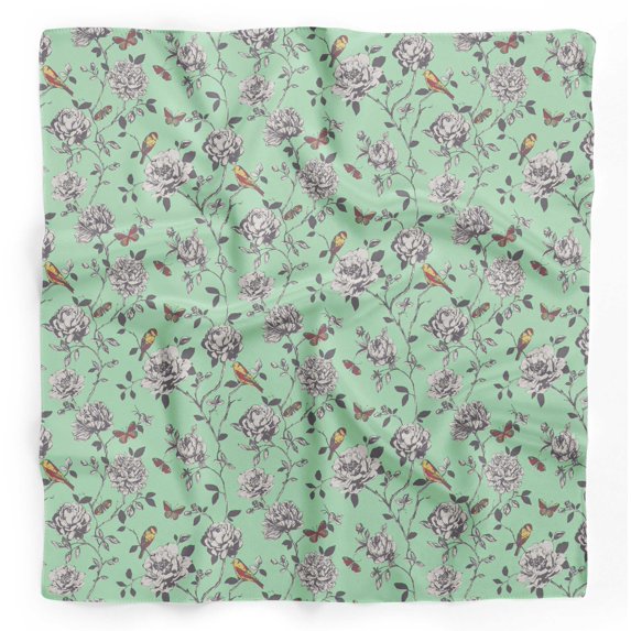 Bimba Green Bird & Floral Pure Silk Printed Head Bandanas Summer Neck Wrap Scarf 40 x 40 Inches