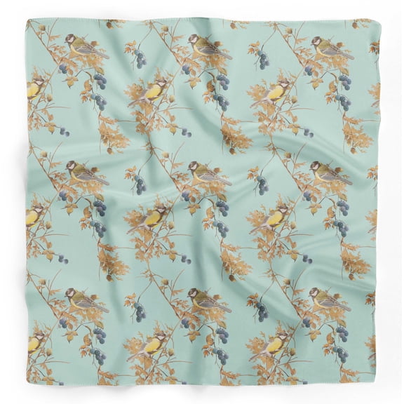 Bimba Green Black Berry & Yellow Sparrow Bird Pure Silk Printed Scarf Dupatta Head Neck Wrap Bandanas For Women 40 x 80 Inches