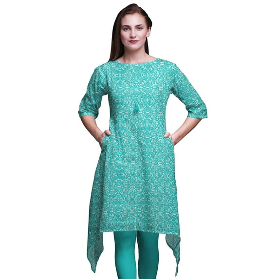 Bimba Green Blocks Block Asymmetric Kurta Indian Tunic Tops For Women Printed Indian Clothing XXX-Large
