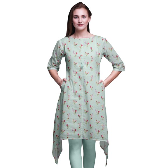 Bimba Green Clover Leaves Floral Printed Asymmetrical Kurti Tops For Women Indian Summer Dress Tunic Large