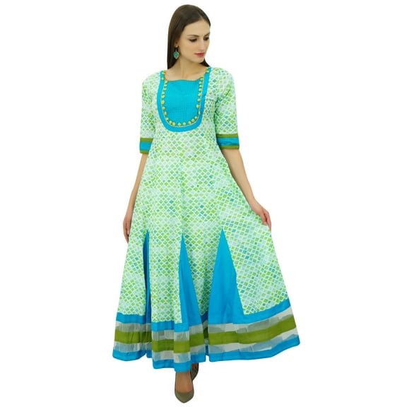 Bimba Green Designer Flaired Kurti Printed Cotton Kurta With Pom-Poms Classic Chic Maxi Dress