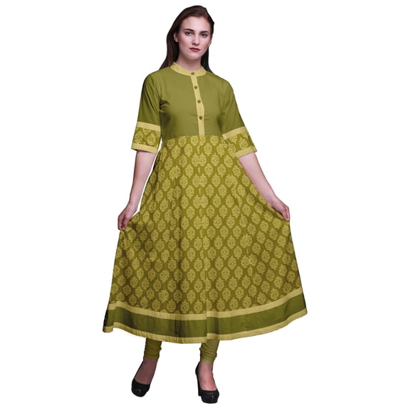 Bimba Green Dot & Floral Block Indian Kurtis For Women Printed A Line Anarkali Kurti Casual Ethnic Dress-Medium
