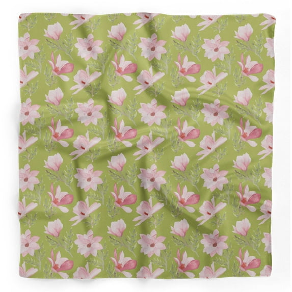Bimba Green Leaves & Magnolia Floral Printed Pure Silk Scarf Neck Wrap Summer Hair Bandanas For Women 40 x 40 Inches