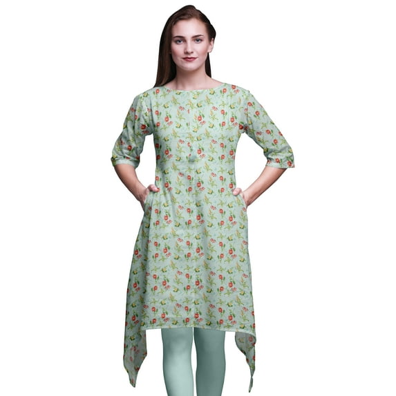 Bimba Green Leaves & Peony Floral Indian Tunic Tops For Girls Printed Casual Top For Women Ethnic Kurti Medium