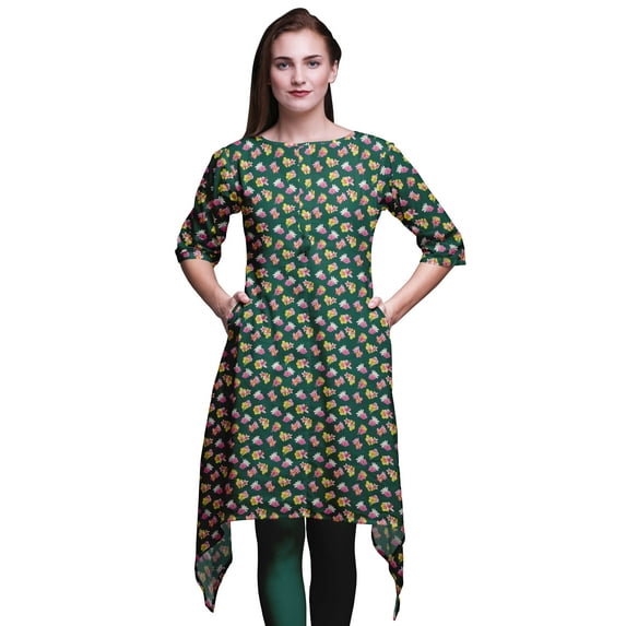 Bimba Green Lotus Floral Asymmetric Kurta Indian Tunic Tops For Women Printed Indian Clothing Small