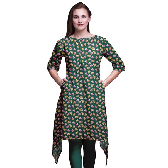 Bimba Green Lotus Floral Women Kurtas Ethnic Printed Asymmetric Summer Wear Tops For Women Large