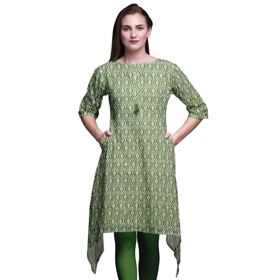 Bimba Green Ogee Ikat Indian Tunic Tops For Girls Printed Casual Top For Women Ethnic Kurti XXX-Large