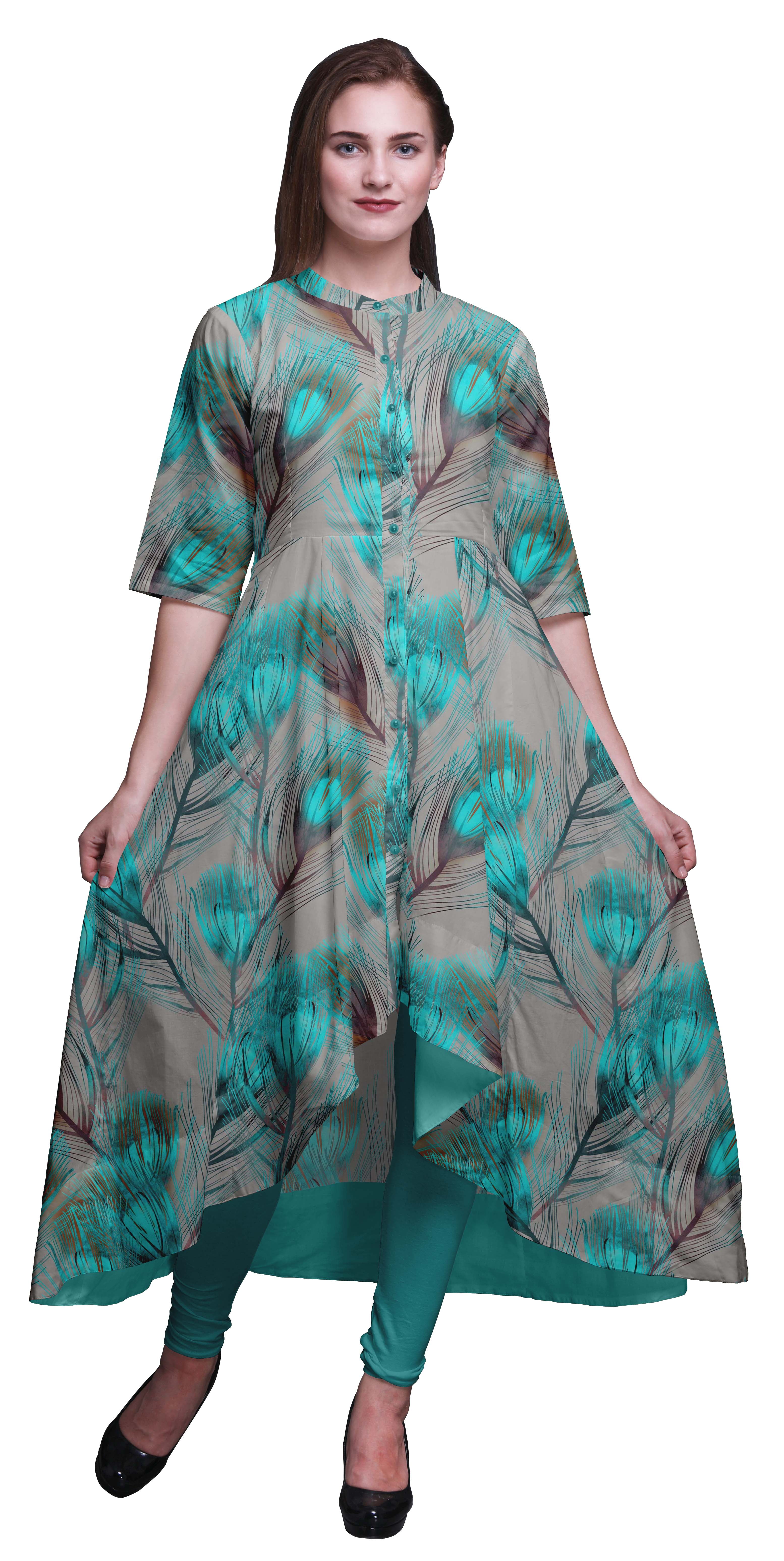 Bimba Green Peacock Feather Anarkali Dress Printed Mandarin Collar Indian  Kurtis For Women Party Wear Anarkali Kurta -XX-Large - Walmart.com