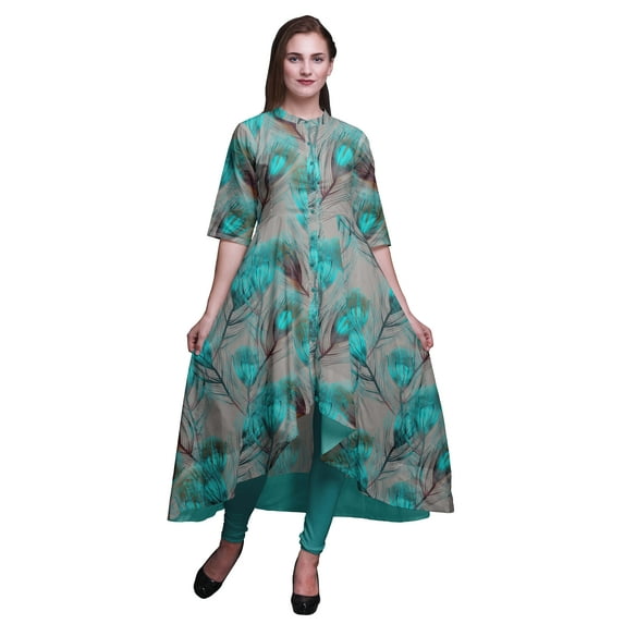 Bimba Green Peacock Feather Indian Ethnic Wear For Women Printed Anarkali Kurti Asymmetrical Dress-X-Large