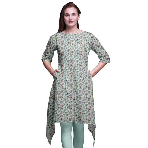 Bimba Green Ranunculus & Daffodils Floral Printed Asymmetrical Kurti Tops For Women Indian Summer Dress Tunic Medium