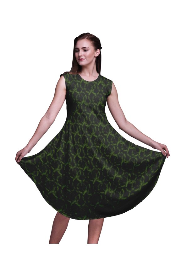 Green Rays Tie-Dye Printed Knee Length Ladies Sleeveless Holiday Wear Tank Dress-Medium