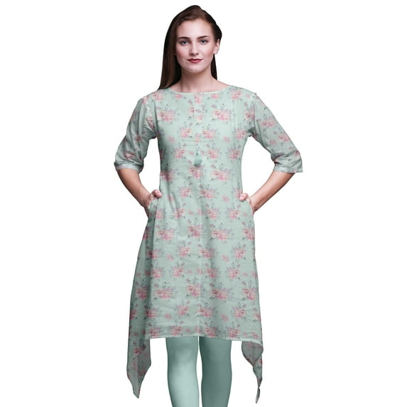 Bimba Green Rose & Ranunculus Floral Women Kurtas Ethnic Printed Asymmetric Summer Wear Tops For Women Large