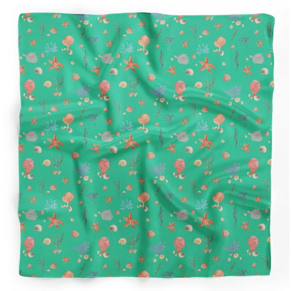 Bimba Green Shell & Starfish Ocean Pure Silk Printed Head Bandanas Summer Neck Wrap Scarf 40 x 40 Inches