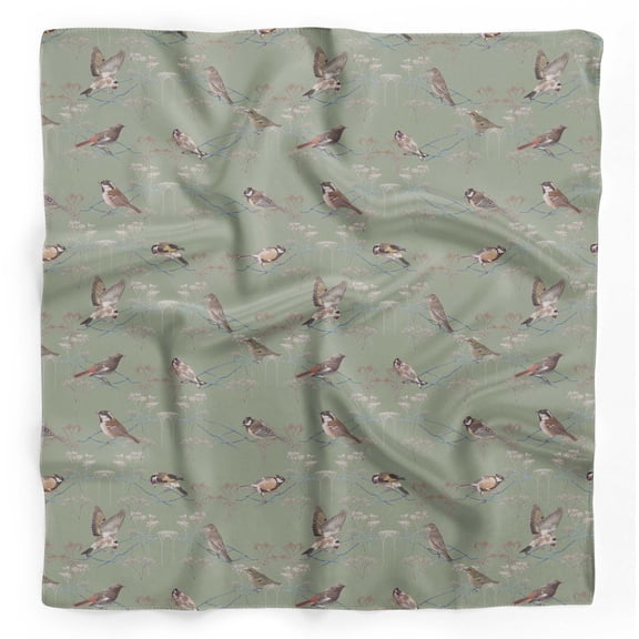 Bimba Green Sparrow & American Goldfinch Bird Printed Pure Silk Scarf For Hair Neck Head Bandanas For Women 40 x 40 Inches