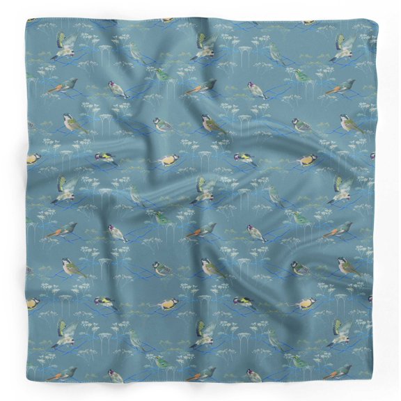 Bimba Green Sparrow & American Goldfinch Bird Pure Silk Printed Scarf Dupatta Head Neck Wrap Bandanas For Women 40 x 40 Inches