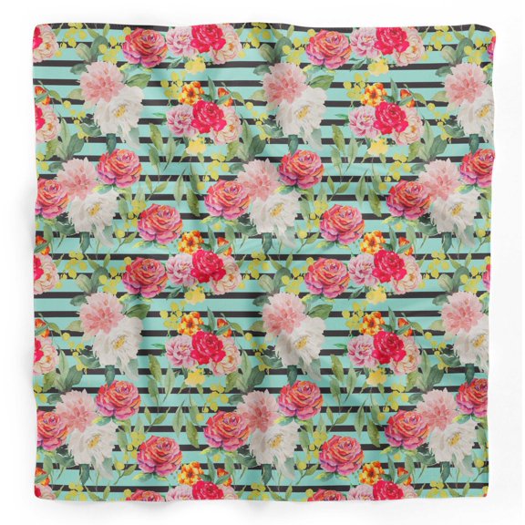 Bimba Green Stripe & Grandiflora Roses Floral Printed Pure Silk Scarf For Hair Neck Head Bandanas For Women 40 x 80 Inches