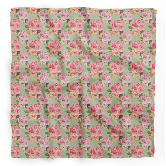 Bimba Green Stripe & Ranunculus Floral Printed Pure Silk Scarf For Hair Neck Head Bandanas For Women 40 x 80 Inches