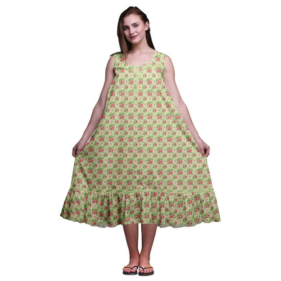 Bimba Greenish Beige4 Floral Monstera Leaf & Mid Calf Nightwear Ladies Cotton Printed Sleeveless Night Gown Maxi Dress XXX-Large