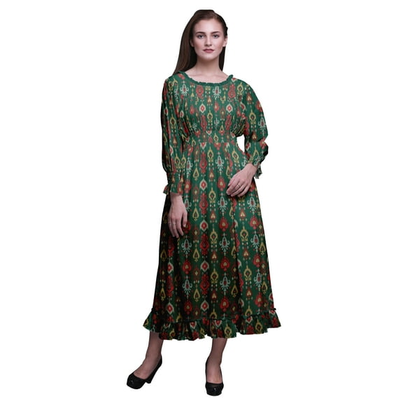 Bimba Ikat Ladies Bishop Sleeve Round Neck Ruffle Maxi Smocked Waist Dress-X-Small