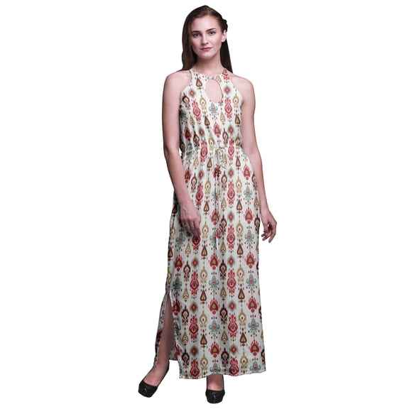 Bimba Ikat Women Sleeveless Crew Neck Halter Gown With Side Slits Maxi Dress-X-Small