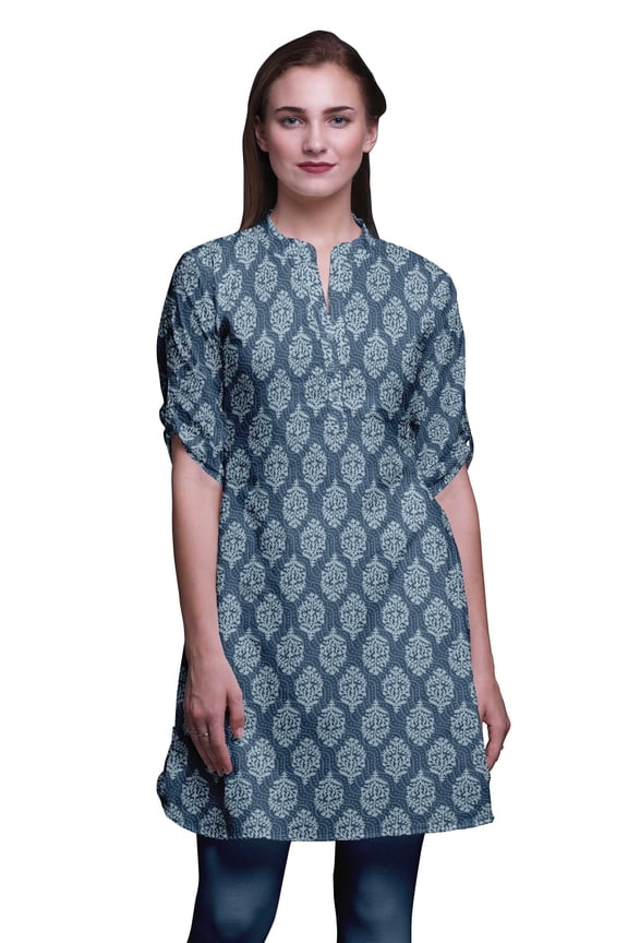 Indian Short Kurtis For Women Printed Tunic Roll Up Sleeve Shirt