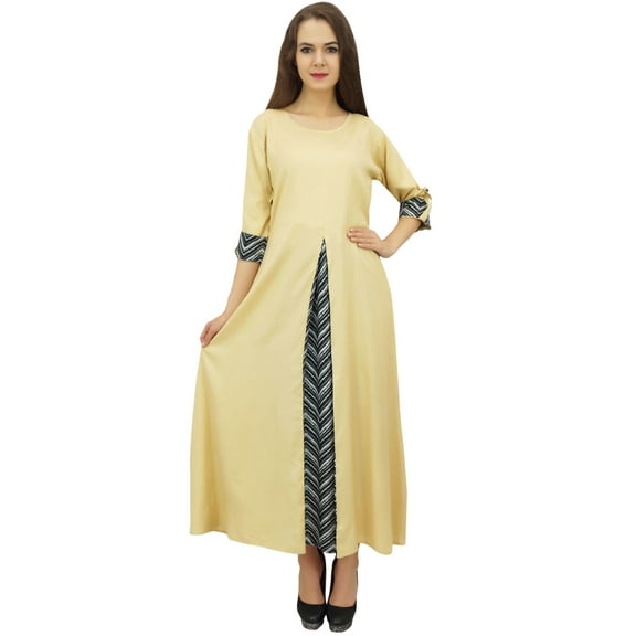 Bimba Indian Women Rayon Designer Beige A-Line Kurta Kurti Dress With Scarf - 4