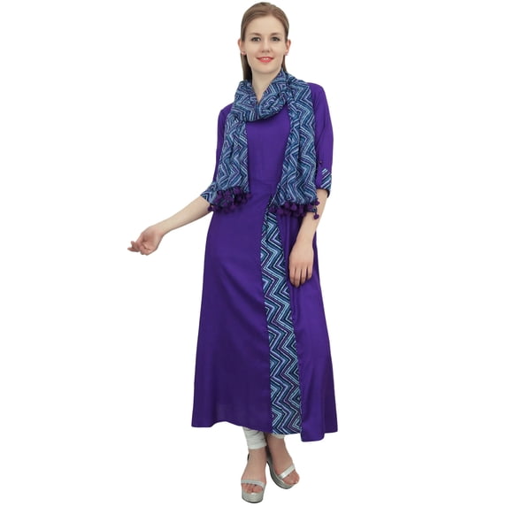 Bimba Indian Women Rayon Designer Purple A-Line Kurta Ethnic Kurti With Scarf - 24