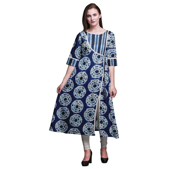 Bimba Indigo Blue Shibori Tie & Dye Printed Tops For Women Angrakha Kurti Summer Dress For Girls Medium