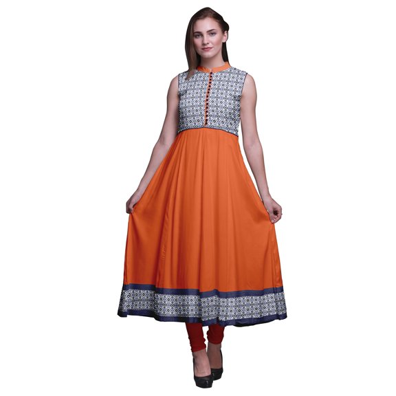 Bimba Indigo Blue3 Ikat Printed Women Designer Mandarin Collar Anarkali Dress Indian Ethnic Kurta X-Small