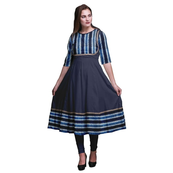 Bimba Indigo Blue4 Shibori Stripe Print Long Anarkali For Women Indian Kurti Casual Ethnic Tunic X-Large