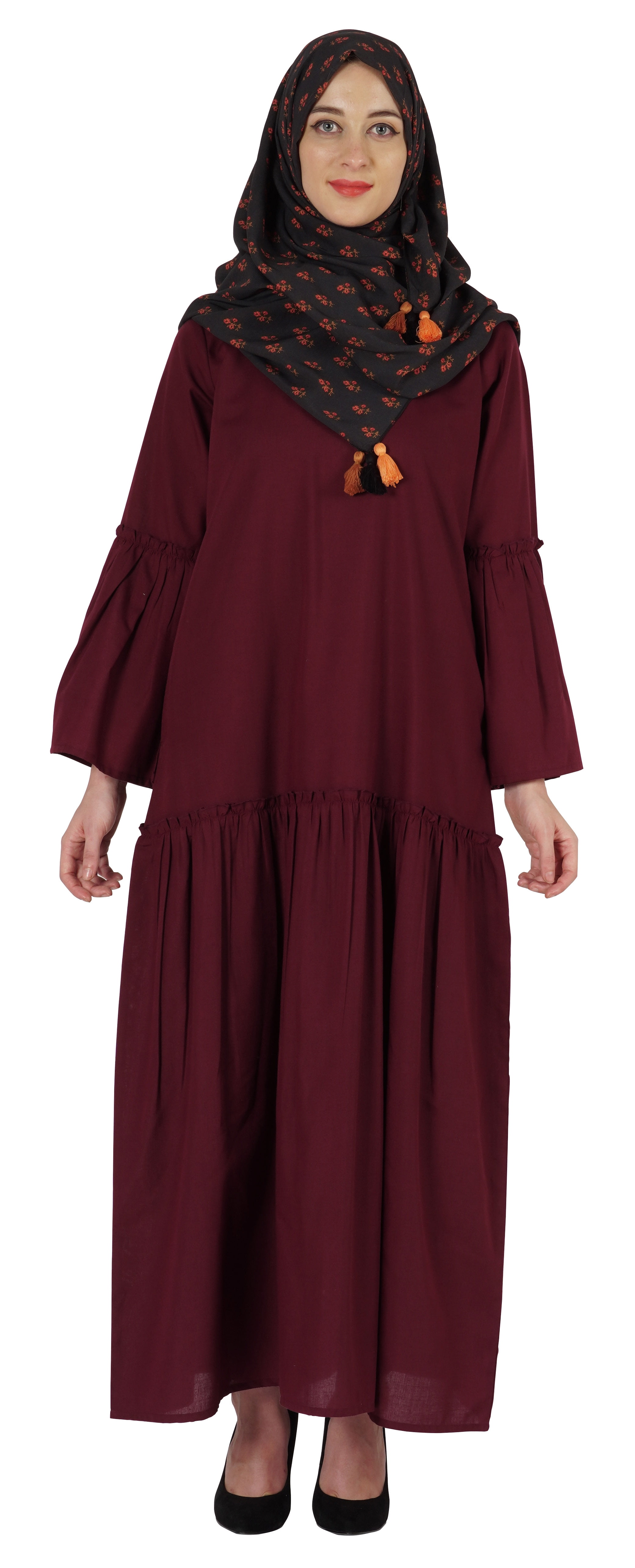 Bimba Women's Muslim Abaya Maxi Dress With Hijab - Long Sleeve Floral Print Dress With Waist Belt, Modest & Comfortable For Formal Wear - View #3
