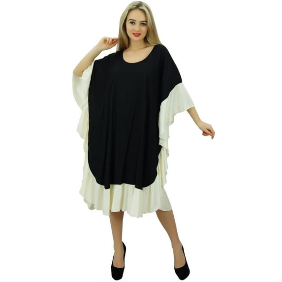 Bimba Knee Length Rayon Kaftan Kimono White Frill Sleeve Caftan Dress Coverup