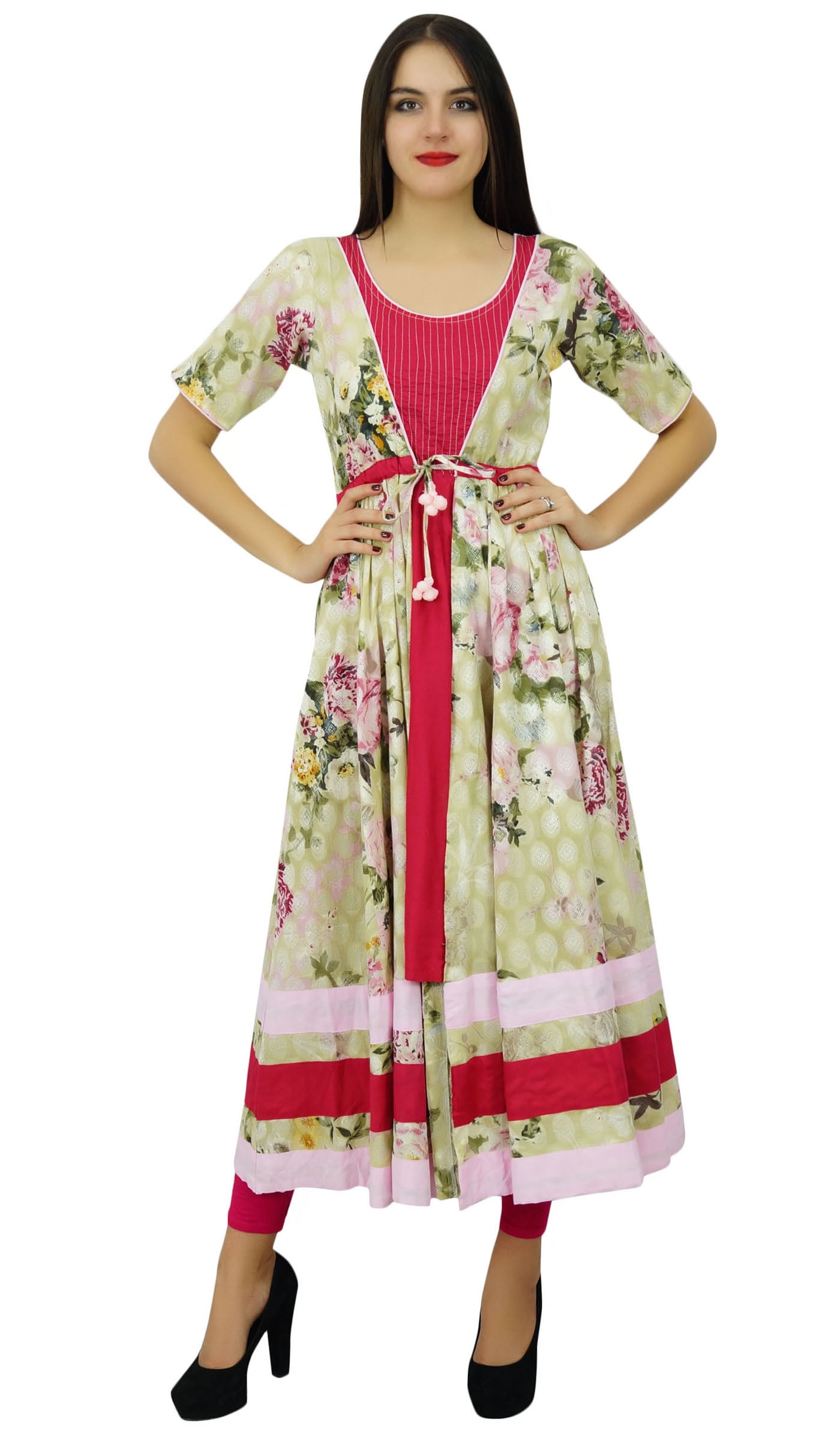 Bimba Women's Long Anarkali Kurti - Half Sleeve Brown & Yellow Maxi Dress