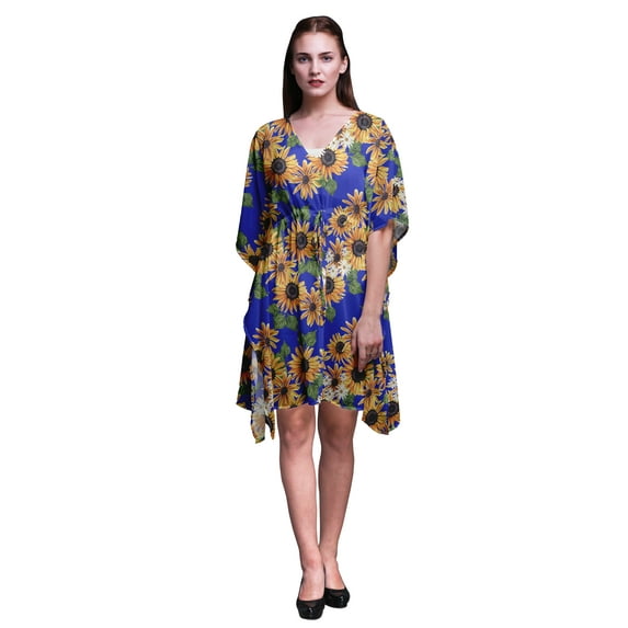 Bimba Lapis Blue Floral Leaves & Sunflower Beach Kaftan Bikini Cover up Womens Midi Dress Short Caftan-S-L