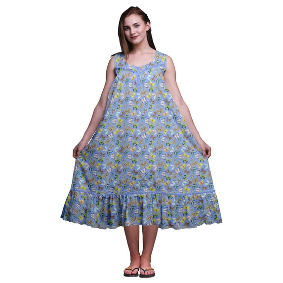 Bimba Lavender Blue Butterflies Colorful Printed Cotton Nightgowns For Women Sleeveless Gown Sleepwear Maxi Dress X-Small