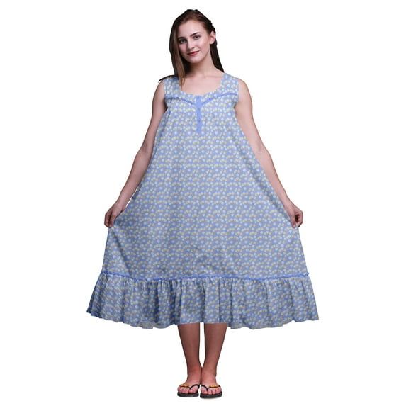 Bimba Lavender Blue7 Floral Daisies Printed Cotton Nightgowns For Women Sleeveless Gown Sleepwear Maxi Dress Large