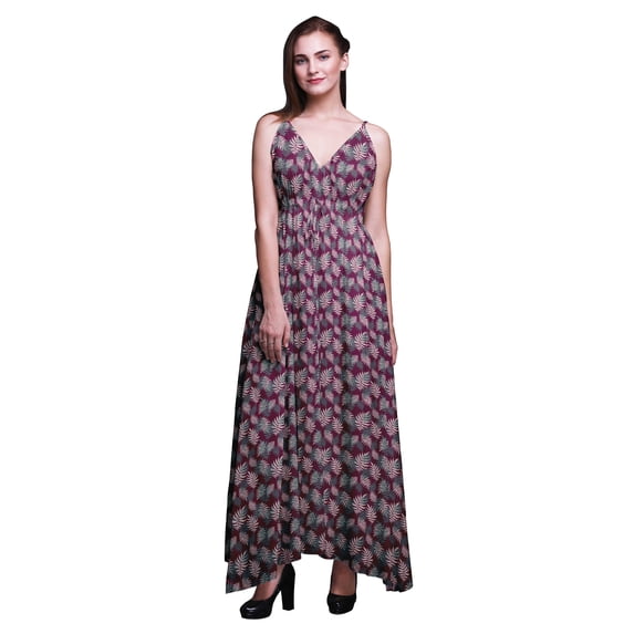 Bimba Leaves Printed Women Long Maxi Beach Dress Strappy Summer Resort Wear-X-Large