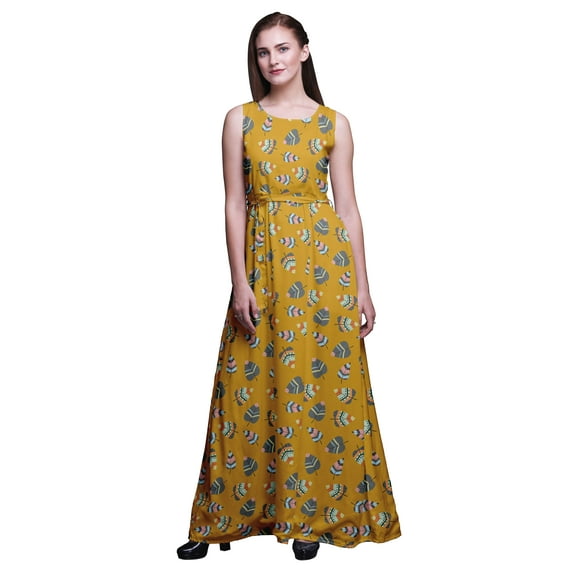 Bimba Leaves Printed Women Sleeveless Gown Chic Style Long Maxi Dress-Large