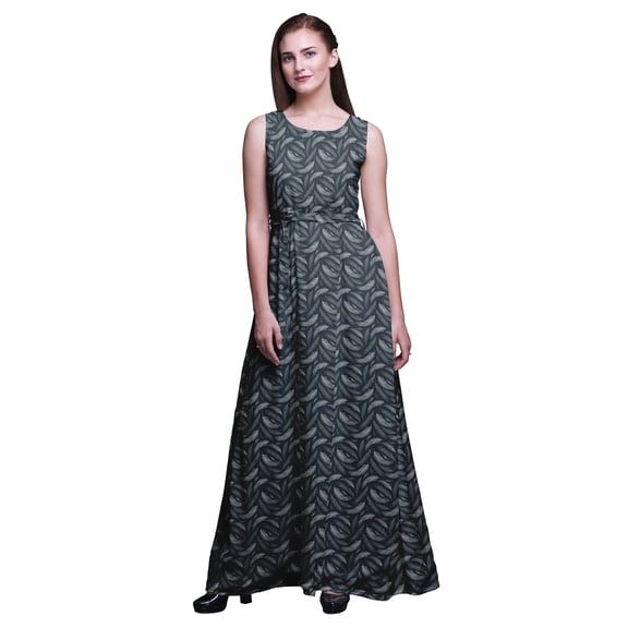Bimba Leaves Printed Women Sleeveless Gown Chic Style Long Maxi Dress-Medium