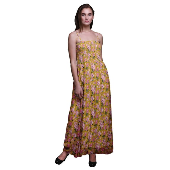 Bimba Leaves & Ranunculus Floral Print Women Long Maxi Tube Smocked Bodice Dress-Large