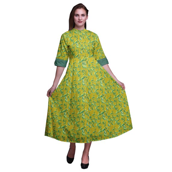 Bimba Leaves Women Casual Shirt Dress Print Party Mid-Calf Swing Dress-XXX-Large