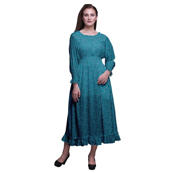 Bimba Leaves Women Cotton Smocked Boho Renaissance Long Ruffle Maxi Dress-Large