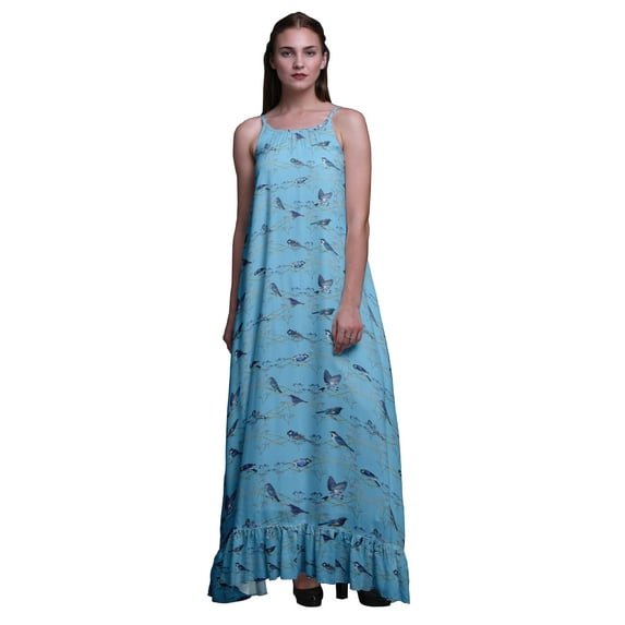Bimba Light Blue2 Bird Sparrow & American Goldfinch Womens Sleepwear Long Nightgown Printed Spaghetti Strap Ladies Nightwear Medium