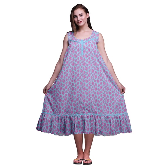 Bimba Light Blue5 Leaves Artistic Sleeveless Night Gown For Womens Cotton Printed Nightwear Ladies Sleepwear X-Small